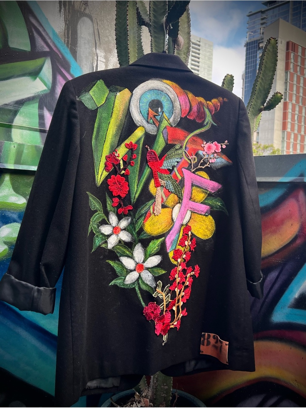 Requirements Black Embroidered Floral Blazer with Colorful Graffiti Back Art